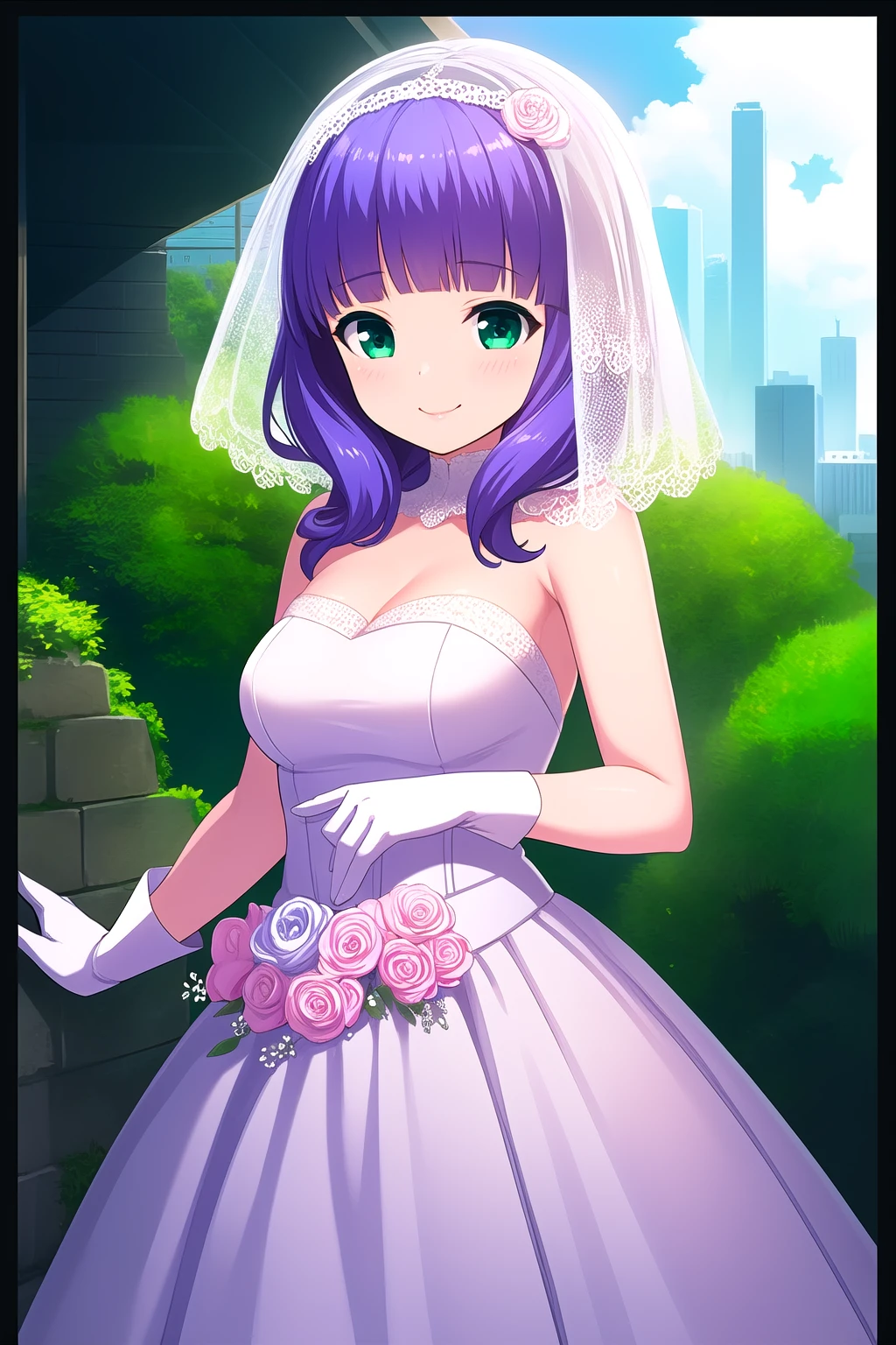 (masterpiece, best quality), highly detailed background, perfect lightingbest quality, kiriyamayuzuki, solo, outdoors, nature, building, brildal veil, purple hair, blunt bangs, medium hair, green eyes, medium breasts, wedding dress, white dress, white gloves, frilled skirt, smile, closed mouth, :), pink lips, <lora:Kiriyama-Yuzuki:0.7>