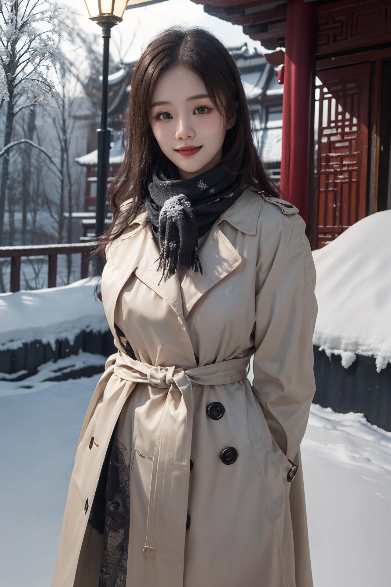 (4k, best quality, highres, absurdres, masterpiece:1.21), (realistic:1.331), detailed and intricate,
cinema light, (authentic skin texture:1.3),
1girl, perfect body, medium breasts, shiny skin,
light smile, arms behind back,
scarf, trench_coat,
chinese style architecture, snowing, snowflakes, winter, lamp,
<lora:add_detail:0.3>, <lora:girlslike_ayx:0.7>