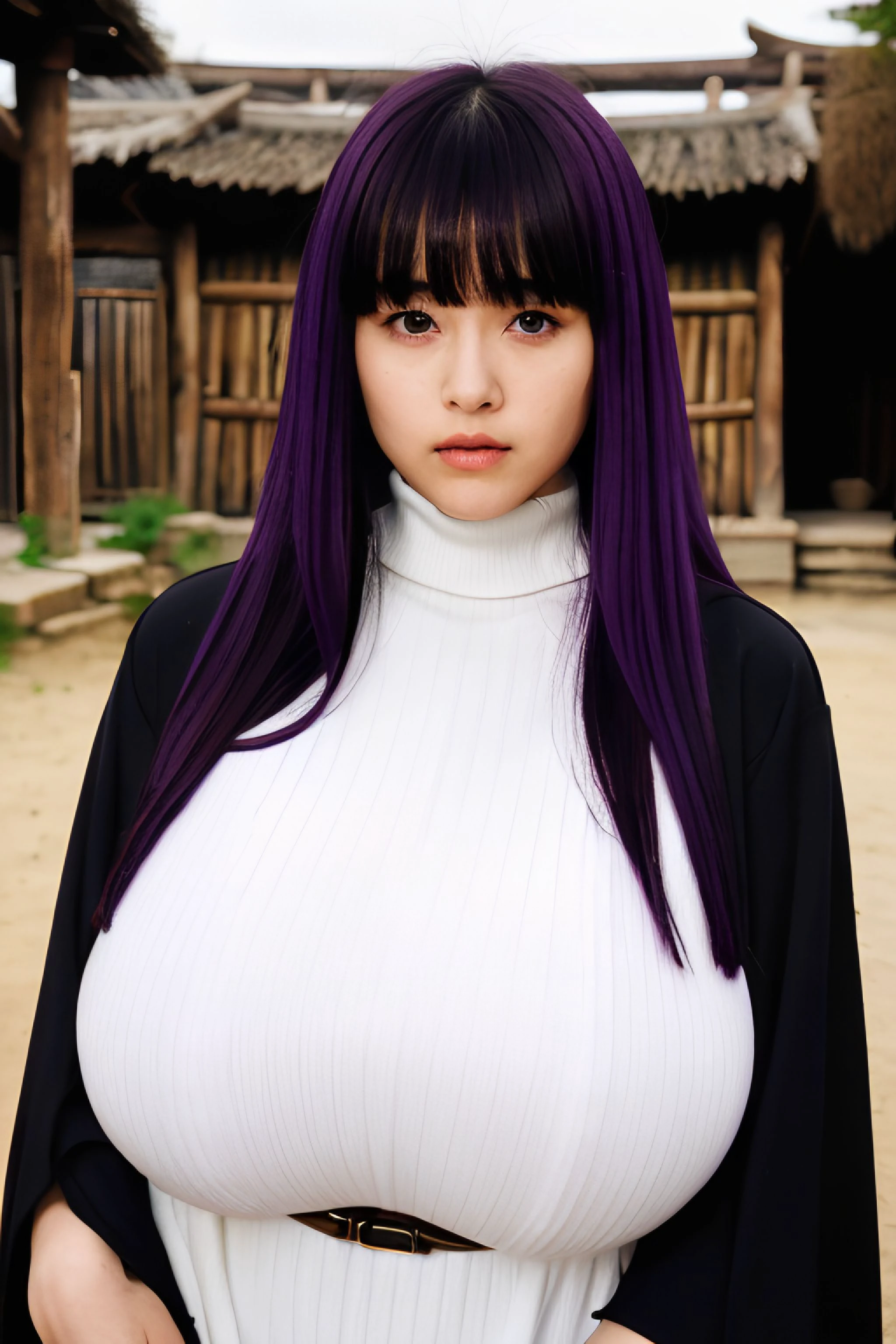 1girl,pouting,looking at viewer,turtleneck white dress,stripe,black robe,purple hair,long hair,blunt bangs,purple eyes,(gigantic breasts:1.35),erotic pose,ancient village,RPG village,<lora:Fern:0.95>