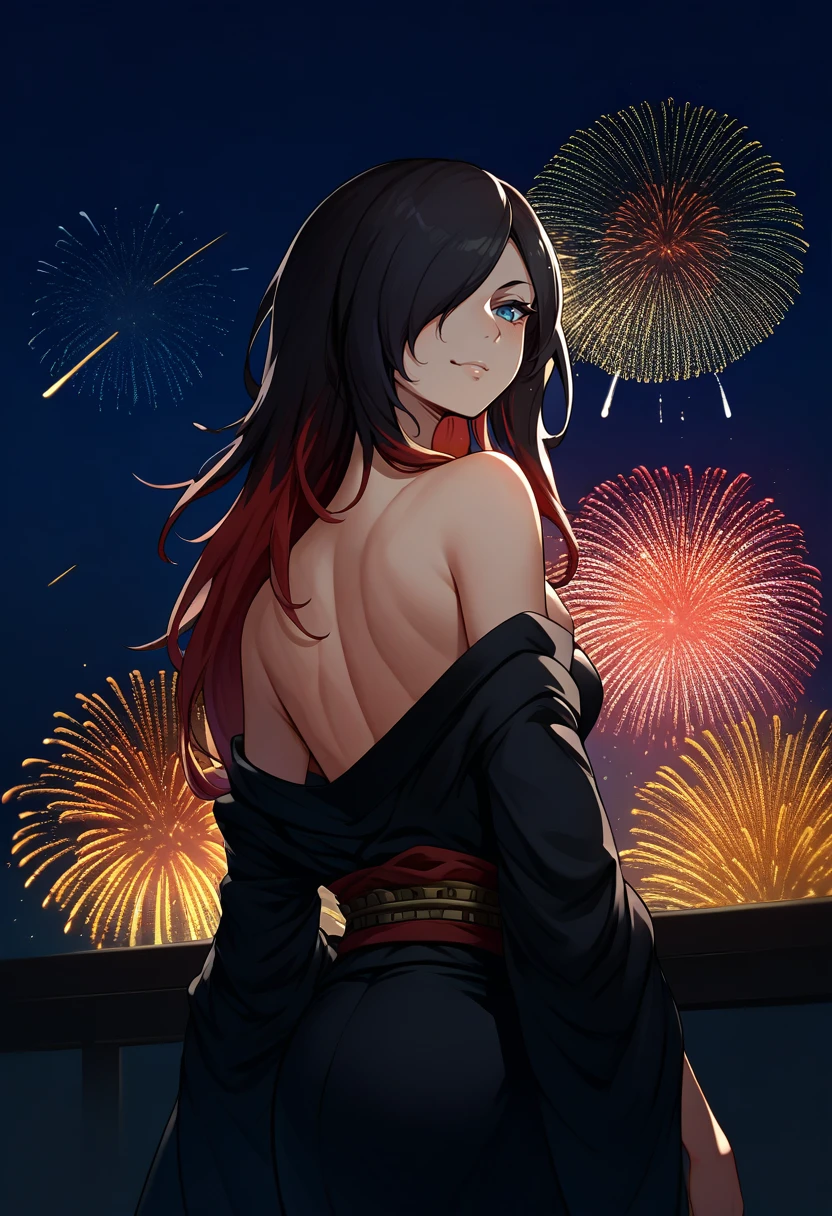 score_9, score_8_up, score_7_up, source_anime, from behind, solo, 1girl, grraven, slight smile, looking back, hair over one eye, black kimono, off shoulder, red sash, bare shoulders, fireworks <lora:gravityrush_raven_ponyXL:1>