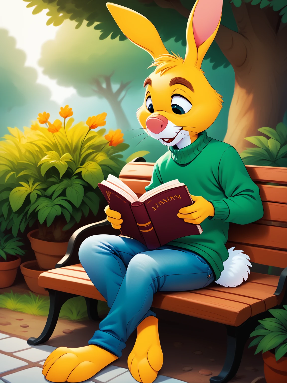 <lora:Rabbit_Pooh:1> rabbitpooh, PonyXLV6_Scores, 1boy, an anthro rabbit sitting on a park bench reading a book, wearing a sweater, jeans, sunny day