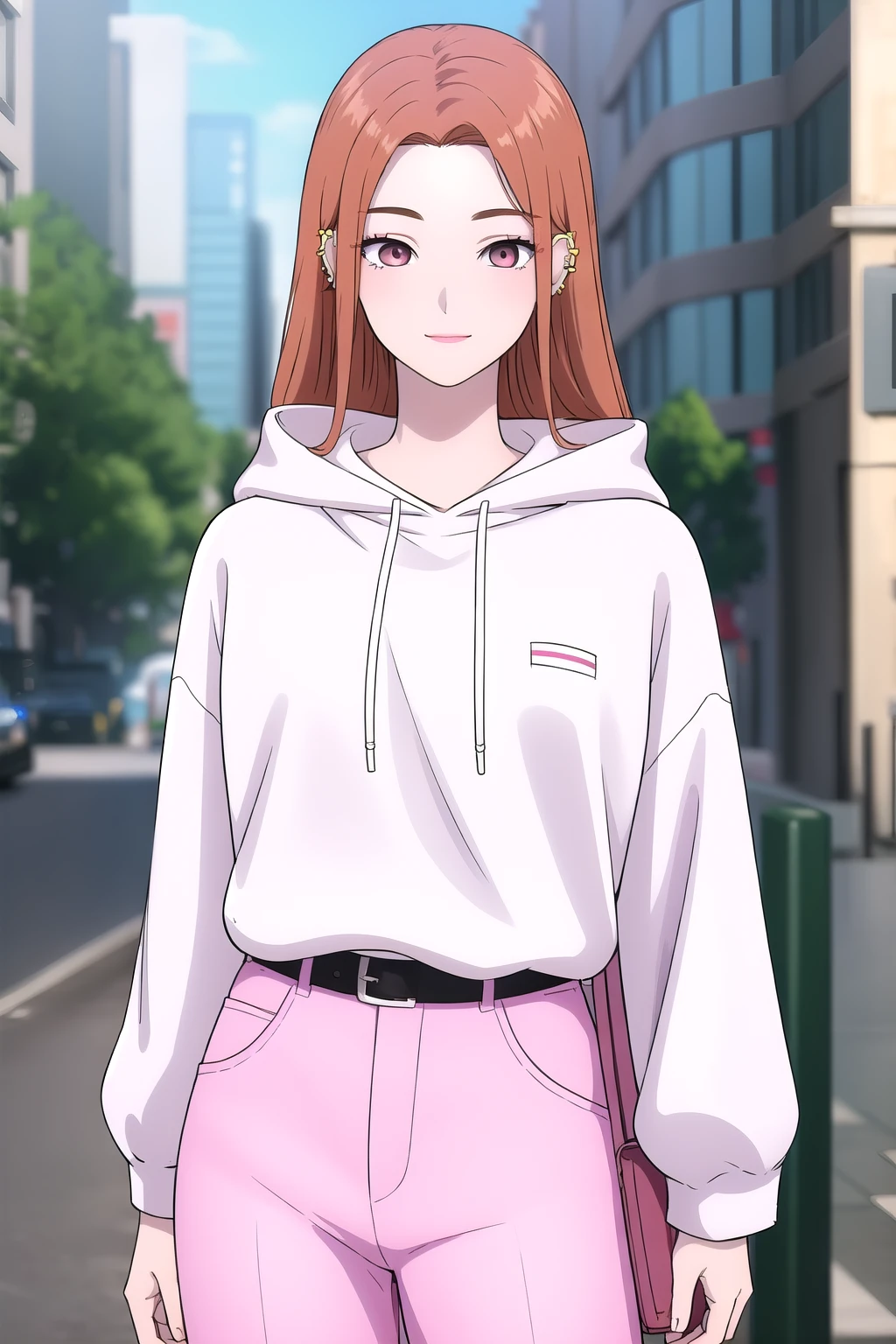 (masterpiece, best quality), highly detailed background, perfect lightingbest quality, irachoi, solo, outdoors, city, nature, orange hair, parted bangs, forehead, long hair, makeup, pink eyes, ear piercing, breasts, white hoodie, white sweater, left hand up, black belt, purple pants, smile, closed mouth, :), pink lips, <lora:Ira-Choi:0.7>