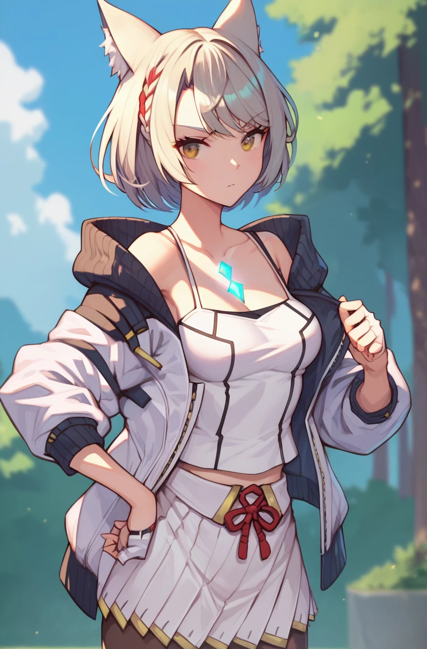 1girl, <lora:Mio_Xenoblade_PONY_v1:1>, (mio_xenoblade), short hair, skirt, animal ears, jacket, pantyhose, pleated skirt, cat ears, white skirt, white jacket, tank top, camisole, leggings, white tank top, chest jewel, white camisole, solo, (medium breasts:0.9), (sagging breasts:0.2), 
best quality, masterpiece, (score_9), (score_8_up), (score_7_up), source_anime, anime, anime screencap, anime coloring,