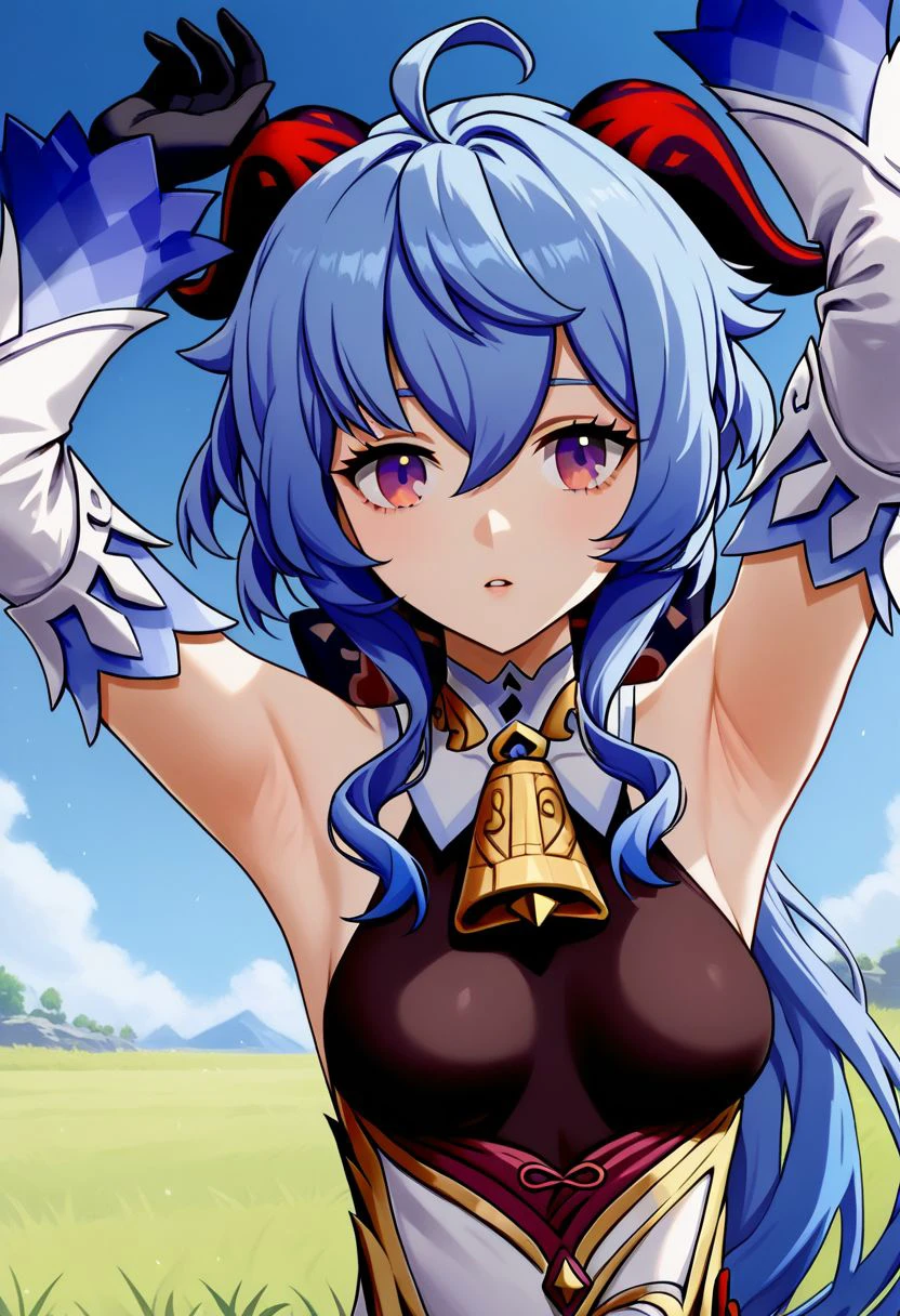 ganyu, 1girl, detached sleeves, solo, horns, looking at viewer, blue hair, ahoge, sidelocks, purple eyes, bell, gloves, long hair, neck bell, armpits, arms up, outdoors, black gloves, white sleeves, medium breasts, sky, hair between eyes, grass, bare shoulders, black bodysuit, parted lips, bodysuit, upper body zPDXL