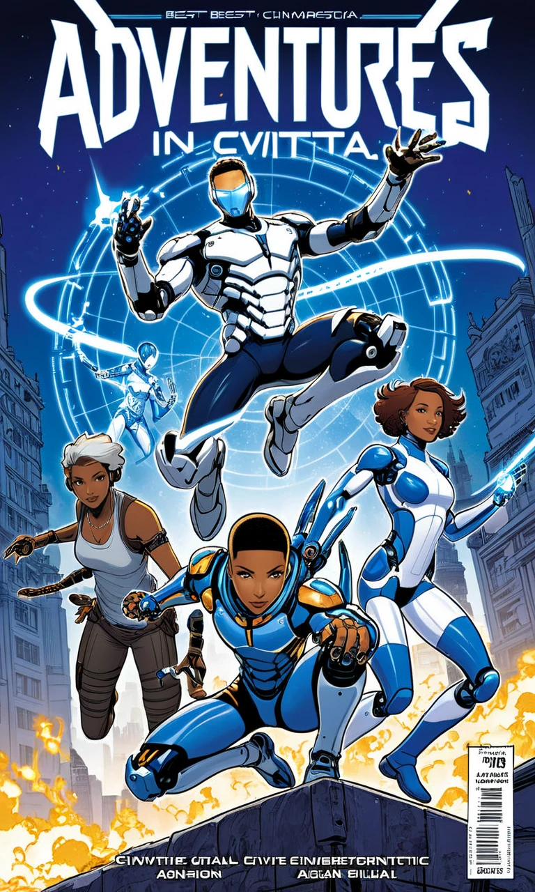 a comic book cover of a group of artists jumping into action, text " Adventures in Civitai" , blue and white, outline, best quality, masterpiece,   <lora:cbcmkrsdxl:1>, cbcmkrsdxl, cyborg, cybernetic, city,