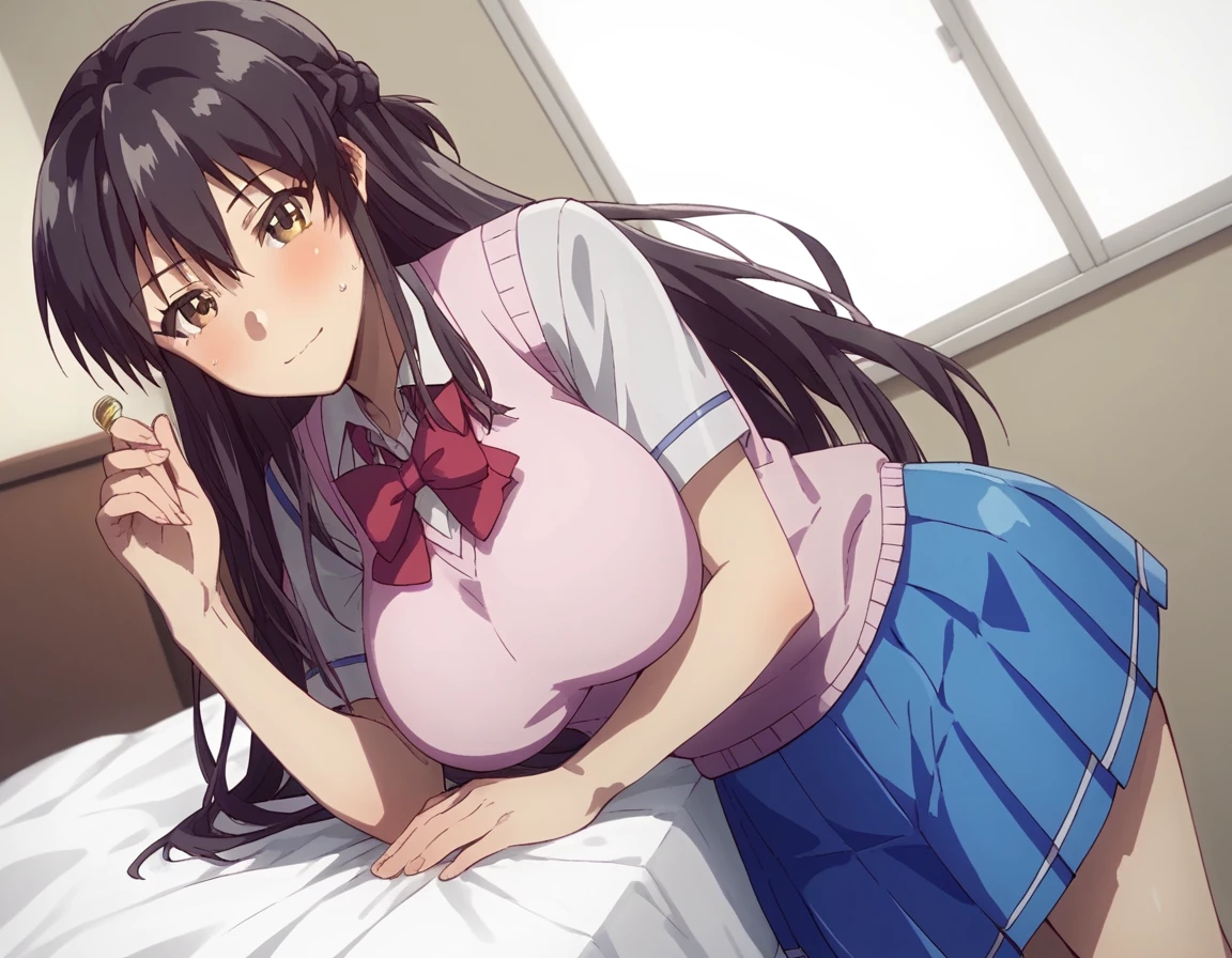 score_9, score_8_up, score_7_up, source_anime,
yurishibasaki, <lora:yuri-shibasaki-ova-ponyxl-lora-nochekaiser:1>,
yuri shibasaki, long hair, black hair, brown eyes, braid, half updo, large breasts,
bow, school uniform, bowtie, red bow, sweater vest, pink sweater vest, skirt, blue skirt, pleated skirt,
indoors, bed, bed room, on side, blush, drunk,
solo, dutch angle, looking at viewer, cowboy shot,