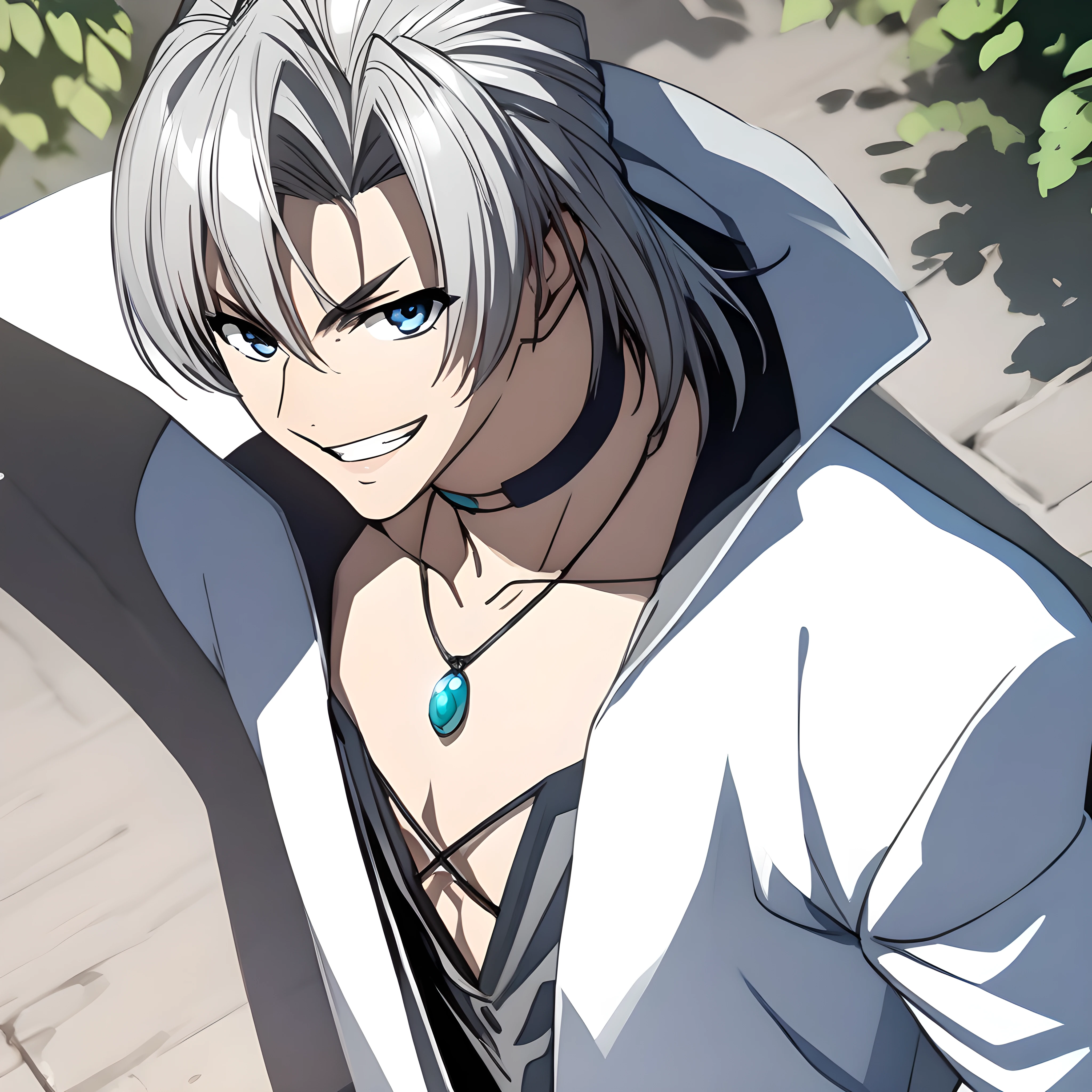 (masterpiece),(best quality),(ultra-detailed),(best illustration),(best shadow),(absurdres),(detailed background),(very aesthetic),creed diskenth, 1boy, solo, male focus, grin, smile, blue eyes, jewelry, choker, necklace, white hair, grey hair<lora:creeddiskenthv1:1>