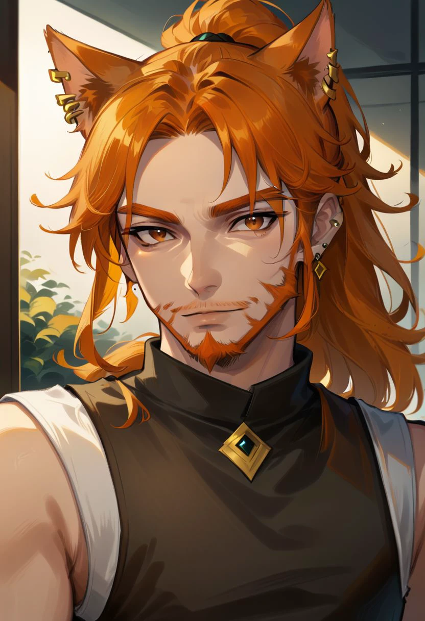 osgndkz, 1boy, male focus, facial hair, animal ears, solo, beard, orange hair, looking at viewer, upper body, jewelry, earrings, orange eyes, brown eyes, long hair, sleeveless, thick eyebrows, piercing, cat ears, ponytail, osenayan, zPDXL