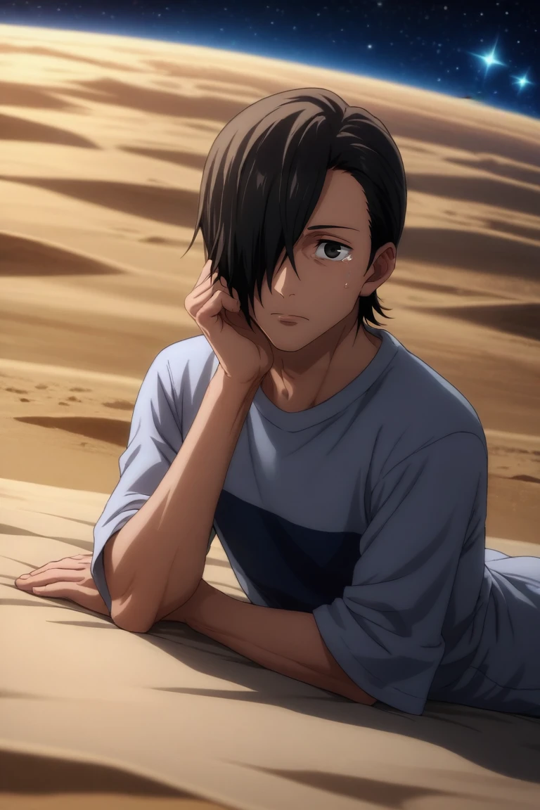 score_9, score_8_up, score_7_up, source_anime, rating_safe, , , looking at viewer, depth of field, 1boy, solo, male focus, <lora:junpei_yoshino_pony:0.9>, junpei_yoshino, black hair, black eyes, short hair, hair over one eye, full body, space, stars, midnight, lying, on stomach, tearing up, , <lora:sdxl_lightning_8step_lora:1>