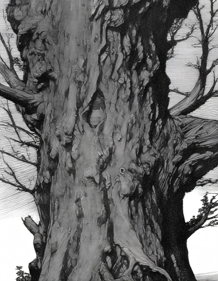 tree trunk, extreme up close shot, franklin booth style <lora:franklin_booth_style_sdxl_v16-000016:1>