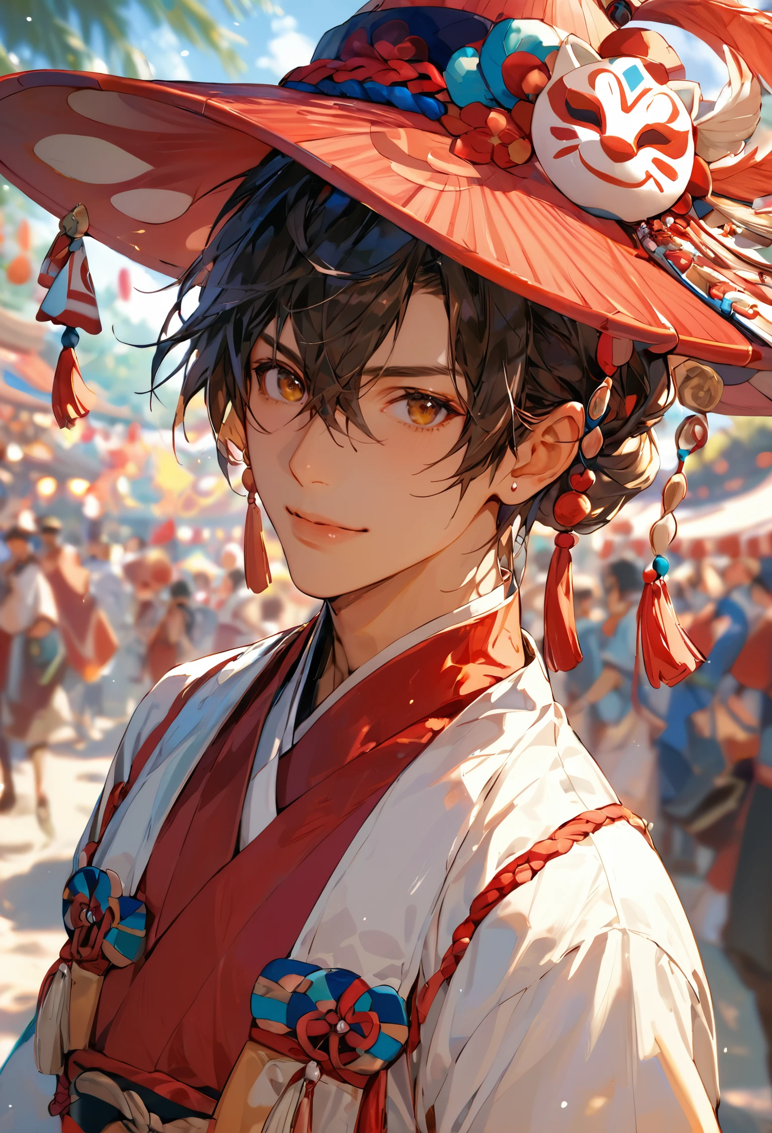 score_9, score_8_up, score_7_up, At a bustling festival, Amane is found playfully trying on different traditional masks and hats, giggling as each new look adds a layer of whimsy to his already delicate features.
