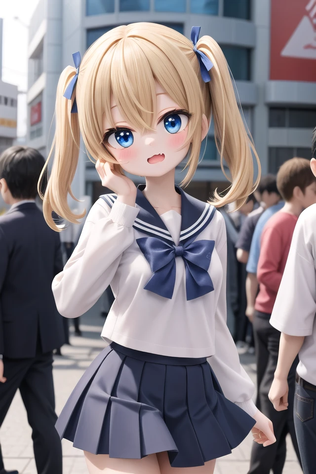 insanely detailed, absurdres, ultra-highres, ultra-detailed, best quality,
1girl, solo, nice hands, perfect hands,
BREAK
(wearing sailor school uniform, dark blue pleated skirt, white shirt),
(;3, smug, open mouth:1.3), fangs
BREAK
standing, hand on own face, 45 angle,
from below, cowboy shot, looking at viewer, tilt head
BREAK
slender, kawaii, perfect symmetrical face, ultra cute girl, ultra cute face, ultra detailed eyes, ultra detailed hair, ultra cute, ultra beautiful
BREAK
in harajuku, shibuya, tokyo, street, crowd, cityscape,
small breasts
BREAK
(gold blonde) hair, (short:1.3) twintails, blue eyes, blue hair ribbon, hair between eyes