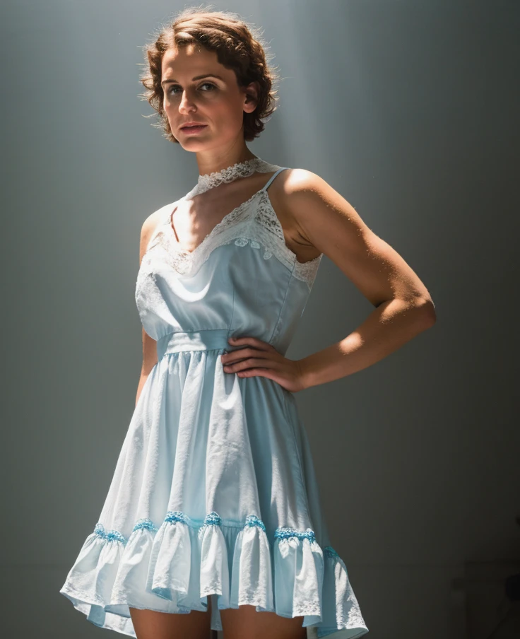 RAW photo, subject, 8k uhd, dslr, high quality, film grain, Fujifilm XT3, professional photo, (detailed skin:1.3), high quality, <lora:Overhead_Lighting:0.65> , overhead lighting, light coming from above, hard shadows, looking down, short hair, halo, tilted head, tight dress, solo focus, cowboy shot, blue dress, portrait, head tilt, white lace, pale, victorian,
