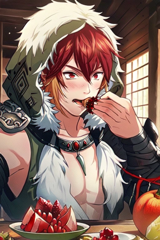 (masterpiece),(best_quality),1boy,Rasetsuten,eating pomegranate,single bare shoulder,fur-trimmed hood,shoulder armor,gauntlet,pectorals,<lora:Rasetsuten:1>,