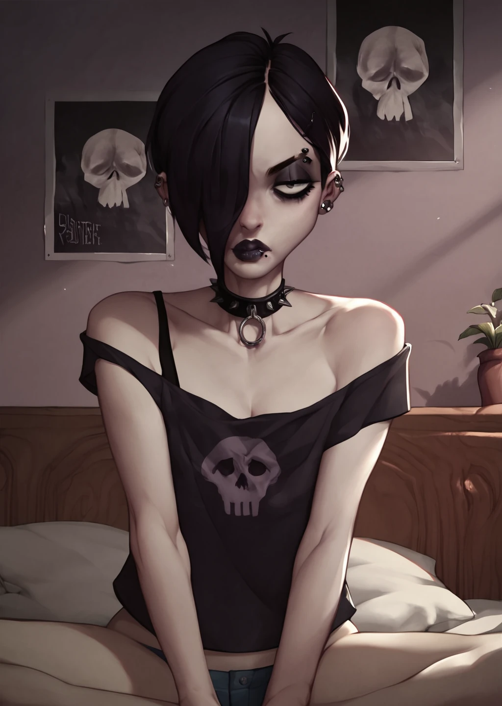 goth girl caucasian, , seduce, neon bedroom, wrecked, kneeling, cute, leather jacket