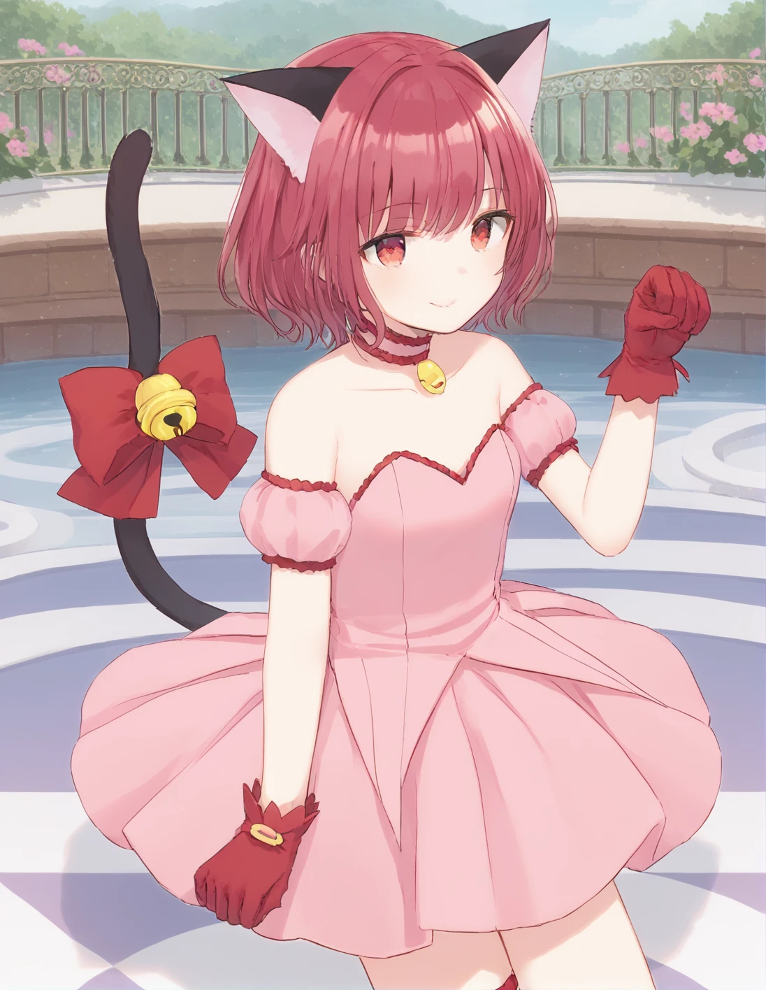 score_9, score_8_up, score_7_up, best quality, masterpiece, 4k, uncensored, prefect lighting, rating_explicit, very aesthetic, anime ,absurdres ,zPDXL, zPDXLpg,1girl, solo, <lora:sdxl-lyco-mew_ichigo-cosplay-ponyDiffusionV6XL-v1:1>, mew_ichigo_cosplay, fauxhawk, maroon hair, tail bow, gloves, cat tail, red gloves, tail bell, choker, detached sleeves,pink dress, strapless, relaxed posture, elbows extended, standing, ,,smile, best quality, very aesthetic, ultra-detailed, intricate details, 4k,BREAK on a catwalk
