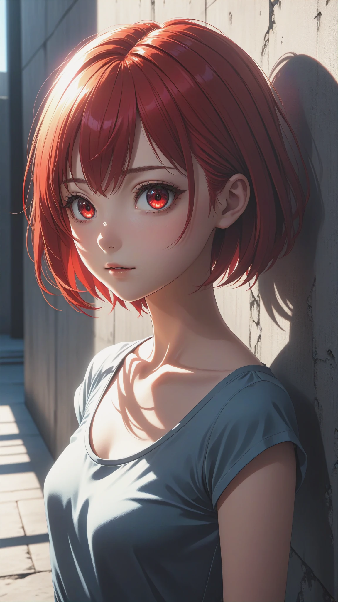 1 beautiful girl, details red eyes, short red hair, cool pose, concrete wall, slim body, small breasts, rays of sunshine, photorealisim, cinematic, (masterpiece:1.2), (best quality:1.2), newest, ai-generated, ultra-detailed, best shadow, detailed background, high contrast, (best illumination, an extremely delicate and beautiful), ((cinematic light)), hyper detail, dramatic light, intricate details, 8k, anime, very aesthetic, vibrant color,