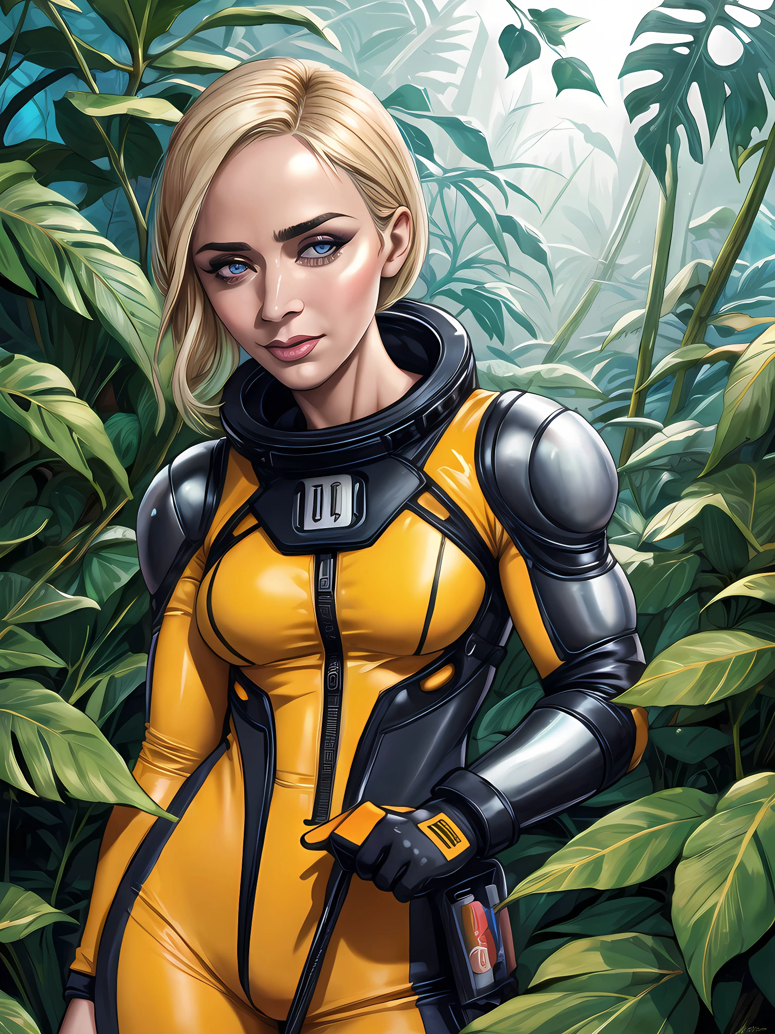 close-up photo of 3m1lyBlunt_V1-Emb , makeup, mascara, eyeshadow, wearing a spacesuit, in the middle of a jungle, 8k uhd, high quality, dramatic, dramatic lighting, realistic , lifelike texture
