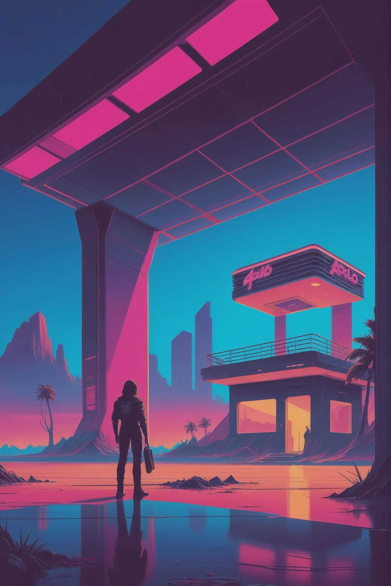 1980s synthwave cyberpunk, morning, scenery, in a Peaceful Abandoned Apollo Sites<lora:synthwave1:1:1:lbw=SDXL_OUTS>