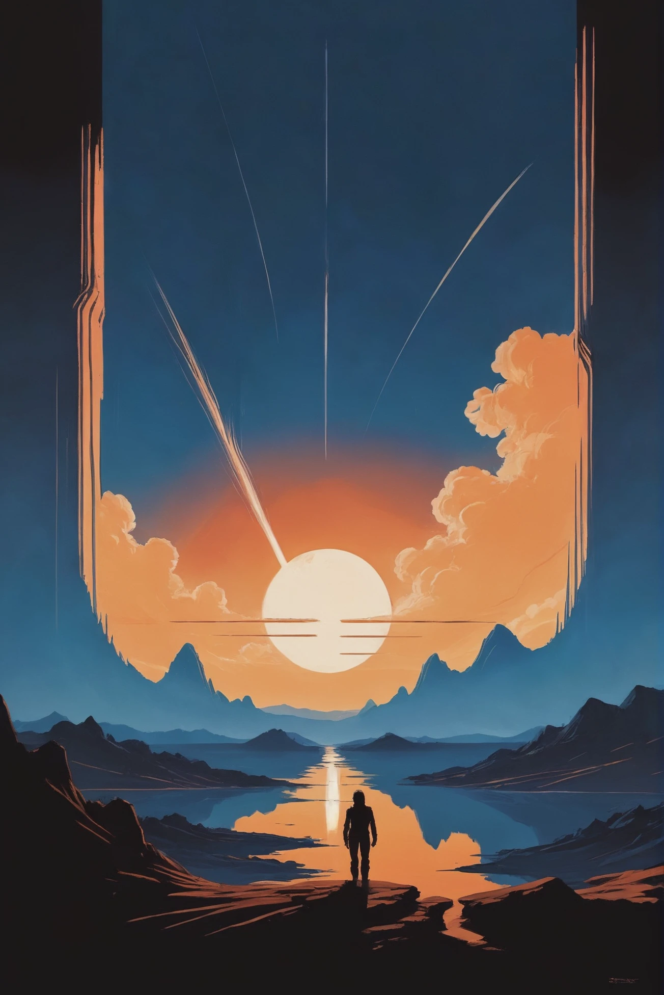 minimalist 1980s scifi poster, golden hour, blue sky, clouds, scenery, in a labyrinthine Dust Cloud Regions<lora:EnvyStarlight80sScifiPoster01:1>