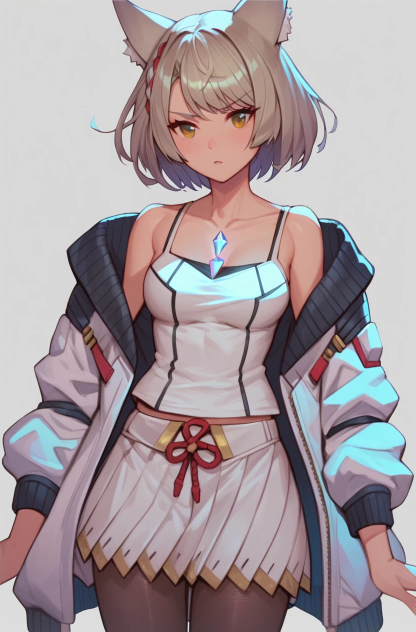 1girl, <lora:Mio_Xenoblade_PONY_v1:1>, (mio_xenoblade), short hair, skirt, animal ears, jacket, pantyhose, pleated skirt, cat ears, white skirt, white jacket, tank top, camisole, leggings, white tank top, white camisole, solo, (medium breasts:0.9), (sagging breasts:0.2), 
best quality, masterpiece, (score_9), (score_8_up), (score_7_up), source_anime, (anime), (anime screencap:1.2), anime coloring,