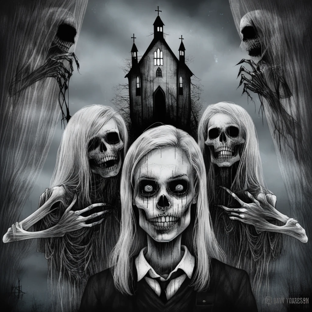 star \(sky\), digital art, with a skeleton in the background, david firth, blonde hair, comic, dan mumford, school uniform, necktie, auto-destructive art, alexander jansson, galaxy, a character portrait, curtains, claws, contemporary art, ed roth, cloud, monochrome, oral, ocean, pubic hair, horror_cg, aurora, fine art parody, skull, a woman with a creepy face and a church in the background with a cross on top of her head