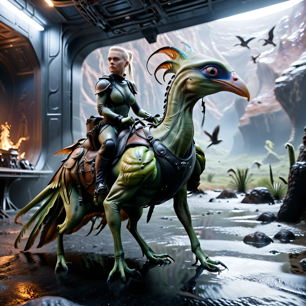 an alien bird wearing a saddle in the last kingdom of the planet Gorn, with a female handler of birds, wearing a saddle, zoomedout:-.90, extremely raw, masterpiece, extreme ultra best picture, extreme ultra intricate creative detail, extreme hyper realistic detail, extreme ultra hyper photo realism, extreme ultra-hyper immersive visuals, extreme 3D realistic, ultra 4080p, HD, VFX, SFX, FKAA, TXAA, RTX, SSAO, 5 perfect fingers, 2 legs, single body, <sdgen 1girl>, <negative_v2>