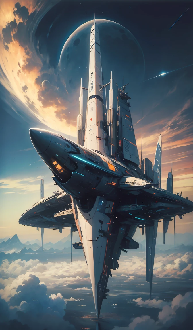 starship during reentry of earth atmosphere, 1 9 8 0 s concept art, vintage, high saturation colors, high quality, hand drawn