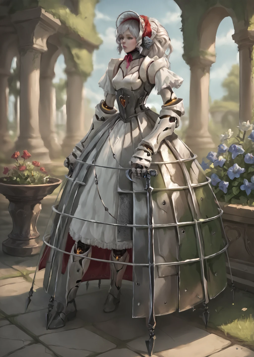 score_9, score_8_up, score_7_up, score_6_up, <lora:Ashlotte:0.8>, 1girl, android, white hair, bonnet, detailed background, armored dress, outdoors, garden