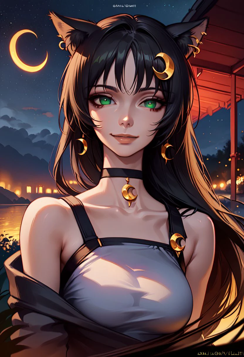 osgndkz, 1girl, animal ears, black hair, crescent, long hair, green eyes, solo, choker, breasts, crescent hair ornament, looking at viewer, hair ornament, upper body, night, black choker, sky, jewelry, lips, earrings, artist name, animal ear fluff, bare shoulders, bangs, night sky, medium breasts, collarbone, watermark, smile, outdoors, large breasts, osenayan, zPDXL