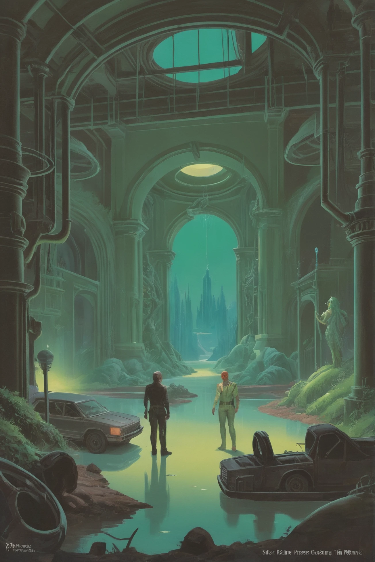 vintage 1980s pulp scifi book cover, abandoned park in a mysterious subsurface scattering dark color:lightgreen fantasy city outside of the universe, masterpiece<lora:80s_cover_art:1:1:lbw=SDXL_STYLE>