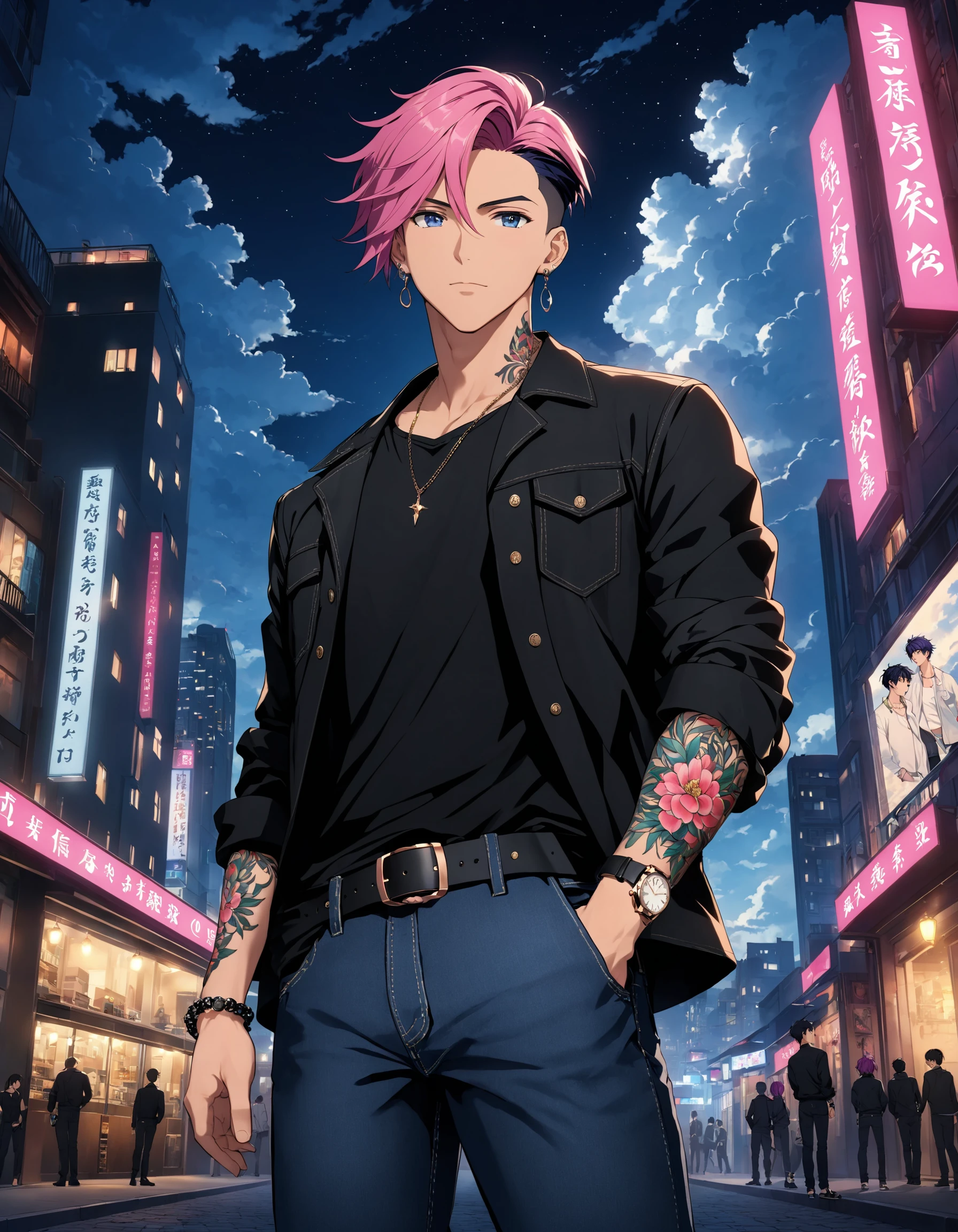 solo, looking at viewer, short hair, blue eyes, shirt, black hair, 1boy, jewelry, closed mouth, standing, jacket, pink hair, purple hair, male focus, cowboy shot, earrings, outdoors, open clothes, sky, belt, pants, cloud, bracelet, streaked hair, black jacket, black shirt, tattoo, night, floral print, denim, building, night sky, watch, jeans, city, wristwatch, arm tattoo, cinematic angle, cinematic lighting, masterpiece, official art,