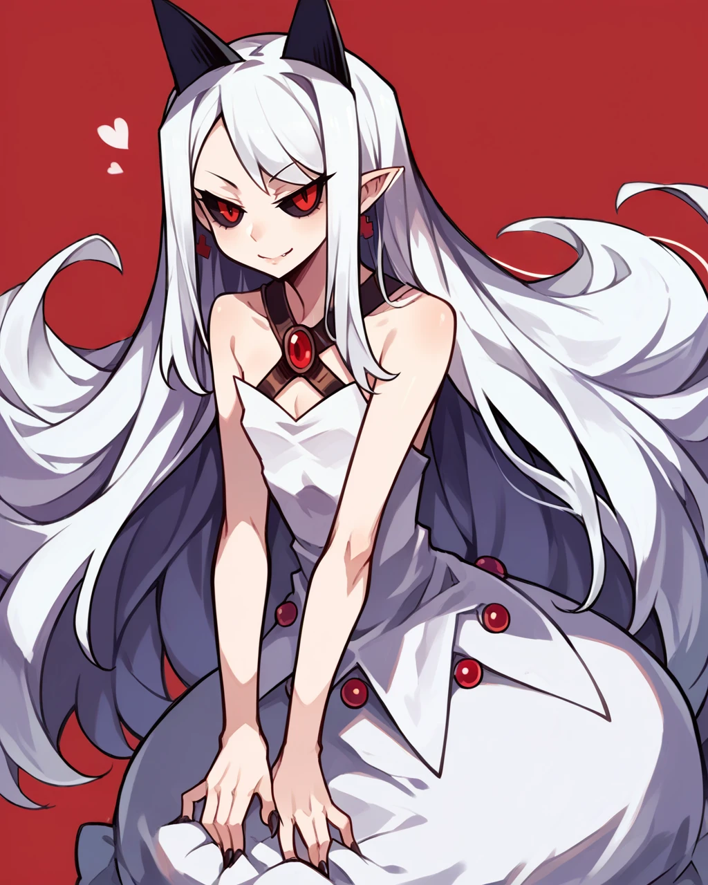 score_9, score_8_up, score_7_up, source_anime, solo, 1girl, pram \(phantom kingdom\), white dress, Queen girl, long hair, white hair, happiness, black sclera, red background, hands on own knees, Plasmancer, <lora:pram_PDXL-000001:1>