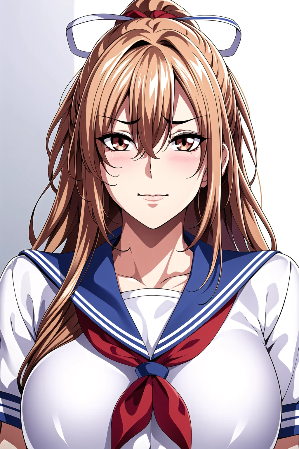 Simple White Background,
dynamic pose,standing at attention,
sailor uniform,serafuku, blue sailor collar, red neckerchief, short sleeves,
<lora:Hinata_SAKURAMIYA_Cuckold-KK77-V1:0.7>,
brown eyes, blonde hair,bangs,hair ribbon, ponytail,
<lora:Oda_Non_Style-KK77-V2:0.3>,<lora:more_details:0.1>,
1 girl, 20yo,Young female,Beautiful long legs,Beautiful body,
Beautiful Nose,Beautiful character design, perfect eyes, perfect face,expressive eyes,perfect balance,
looking at viewer,(Focus on her face),closed mouth, (innocent_big_eyes:1.0),(Light_Smile:0.3),
official art,extremely detailed CG unity 8k wallpaper, perfect lighting,Colorful, Bright_Front_face_Lighting,White skin,
(masterpiece:1.0),(best_quality:1.0), ultra high res,4K,ultra-detailed,
photography, 8K, HDR, highres, absurdres:1.2, Kodak portra 400, film grain, blurry background, bokeh:1.2, lens flare, (vibrant_color:1.2),professional photograph,
(Beautiful,large_Breasts:1.4), (beautiful_face:1.5),(narrow_waist),