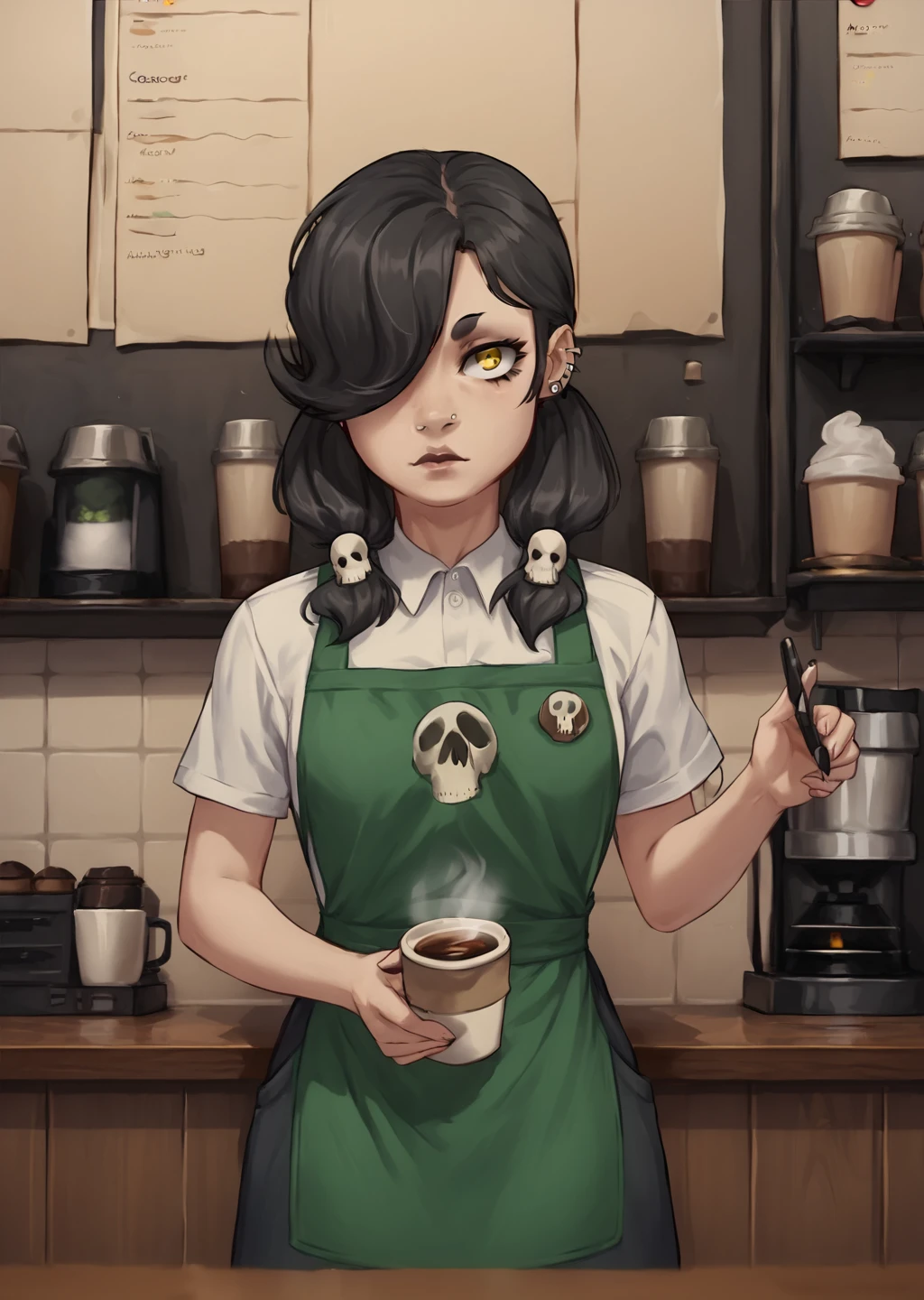 score_9, score_8_up, score_7_up, score_6_up,    <lora:Sam_Spartan:0.8>, Sam, 1girl, solo, skull hair ornament, black hair, twintails, piercing, yellow eye, hair over one eye, Coffee Shop, Uniform, Apron, detailed background,