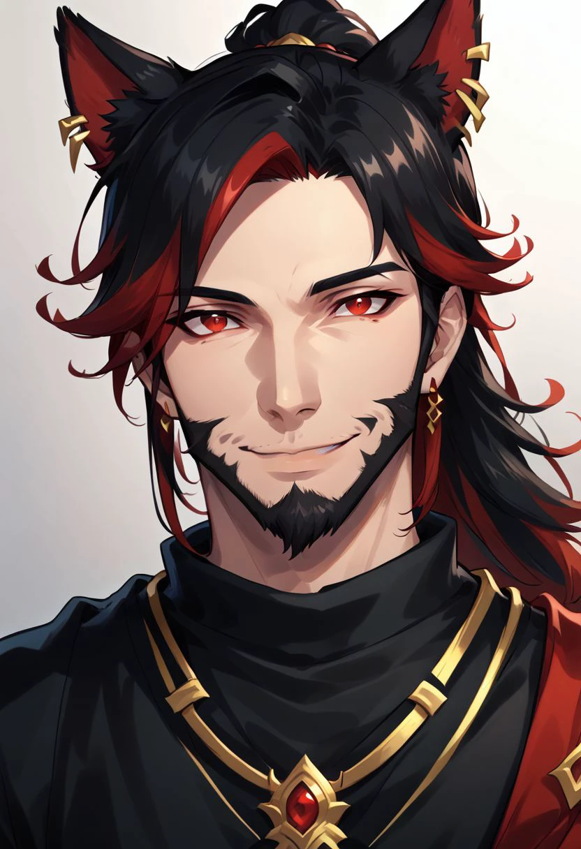 osgndkz, 1boy, facial hair, male focus, animal ears, solo, red eyes, long hair, jewelry, earrings, red hair, beard, ponytail, upper body, looking at viewer, smile, goatee, osenayan, black hair, multicolored hair,  zPDXL