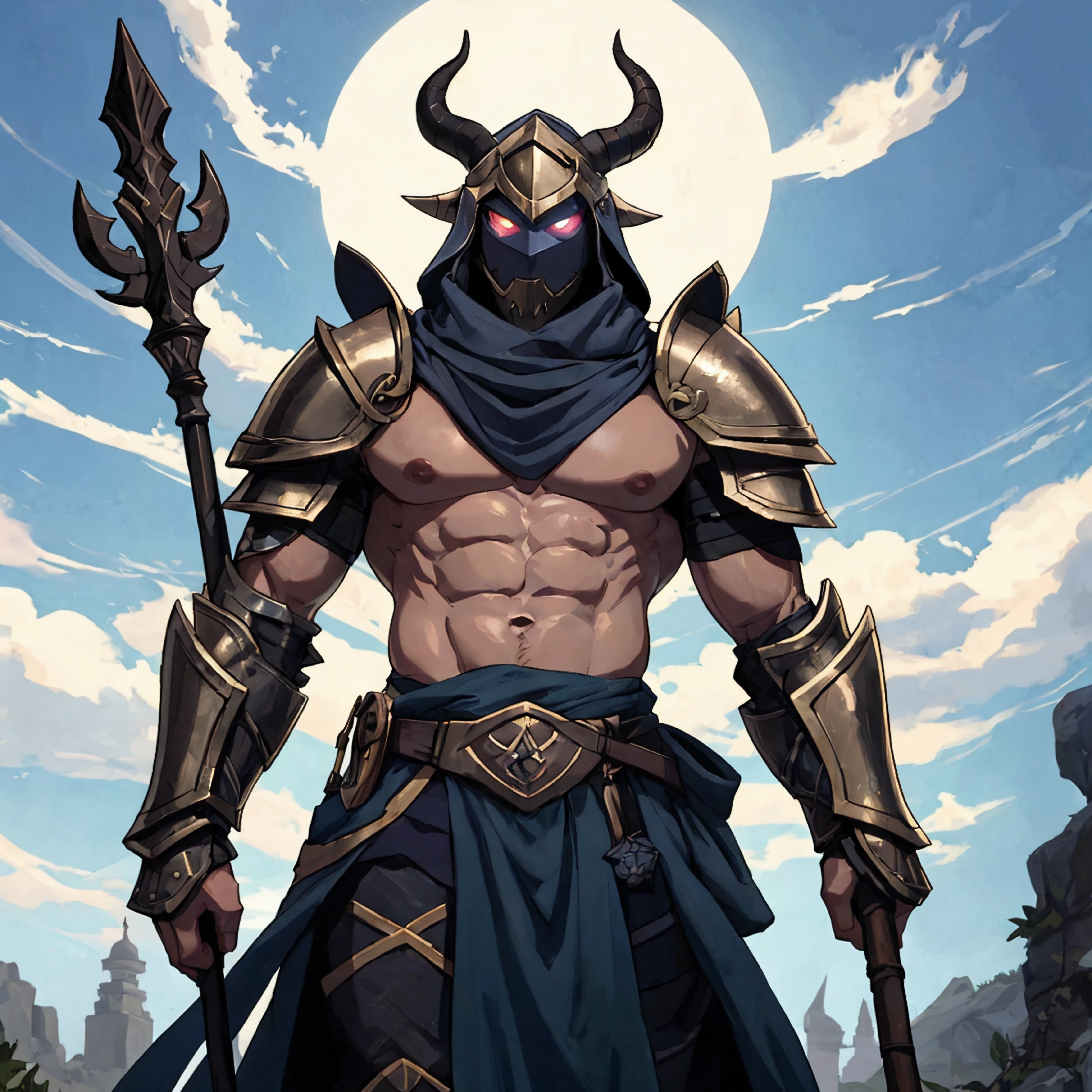 arcana hecarim skin, best aesthetic, lolsplashart, solo, looking at viewer, 1boy, holding, weapon, male focus, horns, sky, cloud, armor, muscular, glowing, abs, helmet, cloudy sky, pectorals, muscular male, staff, shoulder armor, gauntlets, clenched hand, glowing eyes, pelvic curtain, pauldrons, holding staff, tarot, leg armor, studio ghibli