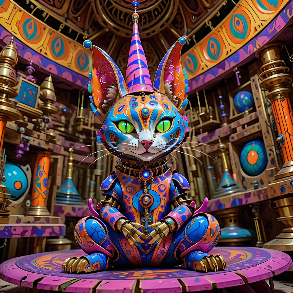 cartoon of jester (fonzokrit cat:1.1) sitting in a temple, psycus, psychedelic, robot, science fiction, mecha, clown, machine