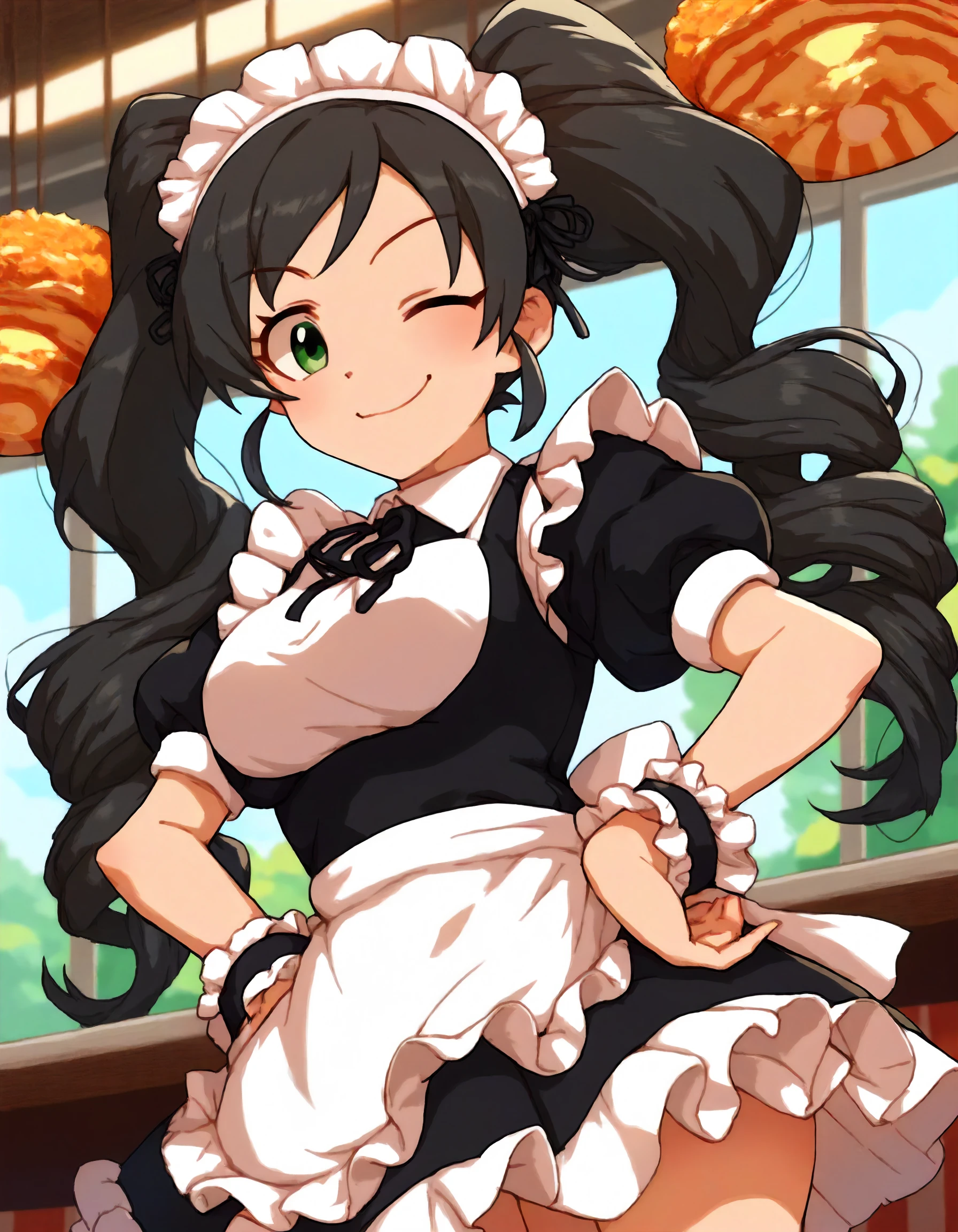 score_9, score_8_up,score_7_up,1girl,solo,cowboy shot,closed mouth,(smug:0.4),happy,one eye closed,
hands on own hip,looking at viewer,
<lora:nonomurasora_ponyXLV6:0.8>,cgns,black hair,long hair,twintails,maid headdress,green eyes,
apron,puffy sleeves,wrist cuffs,restaurant