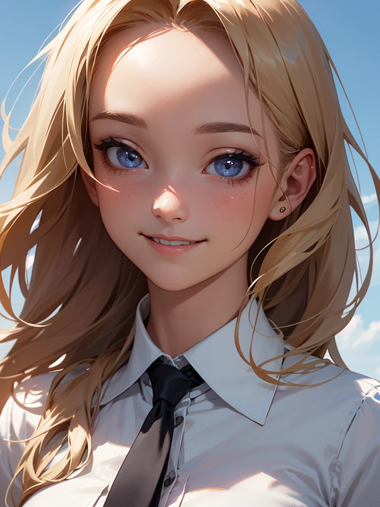 1girl, shirt, solo, black necktie, tan skin,  forehead, white shirt, looking at viewer, collared shirt, smile, long sleeves, large  breasts,  bule eyes, outdoors, sky, best quality, masterpiece, (realistic:1.2), detailed face, beautiful eyes,