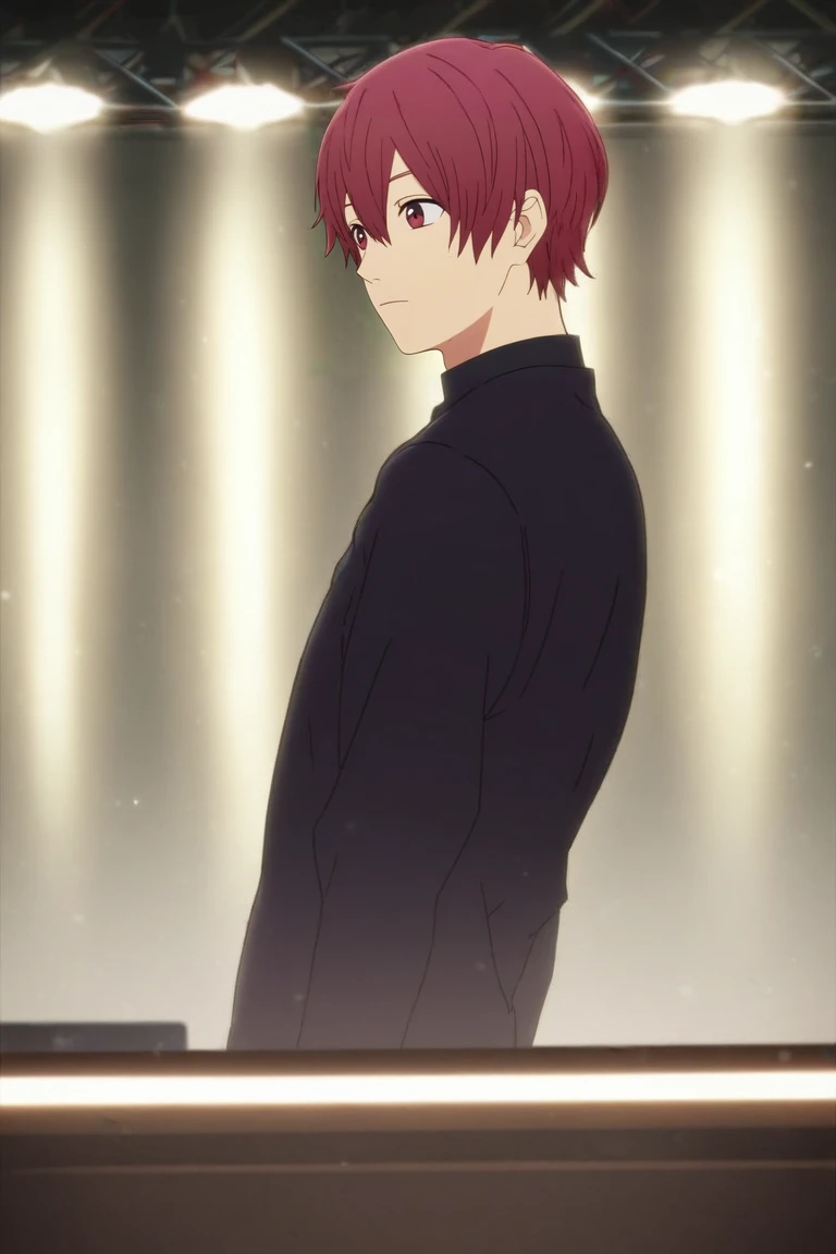 score_9, score_8_up, score_7_up, source_anime, rating_safe, intricate details, (photorealistic:0.6), , , 1boy, solo, male focus, <lora:souma_shiki_pony:0.74>, souma_shiki, red hair, red eyes, short hair, hair between eyes, bangs, from afar, full body, concert, stage, stage lights, idol, indoors, dark, leaning back, distracted, aloof, oblivious, ,, <lora:sdxl_lightning_8step_lora:1>