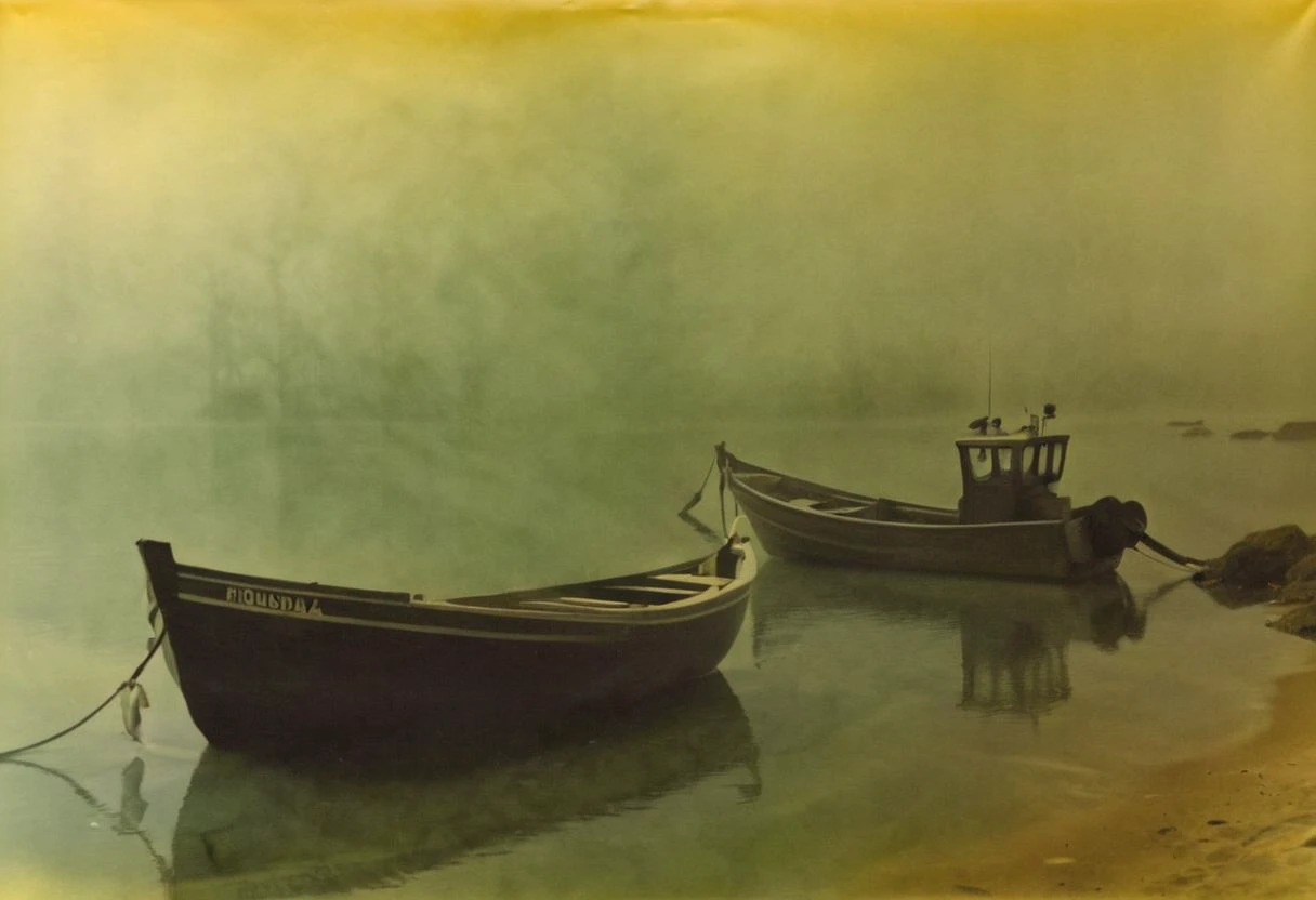 colouring_experiment_analogue, a foggy sea with some fisherboats, hard shadow