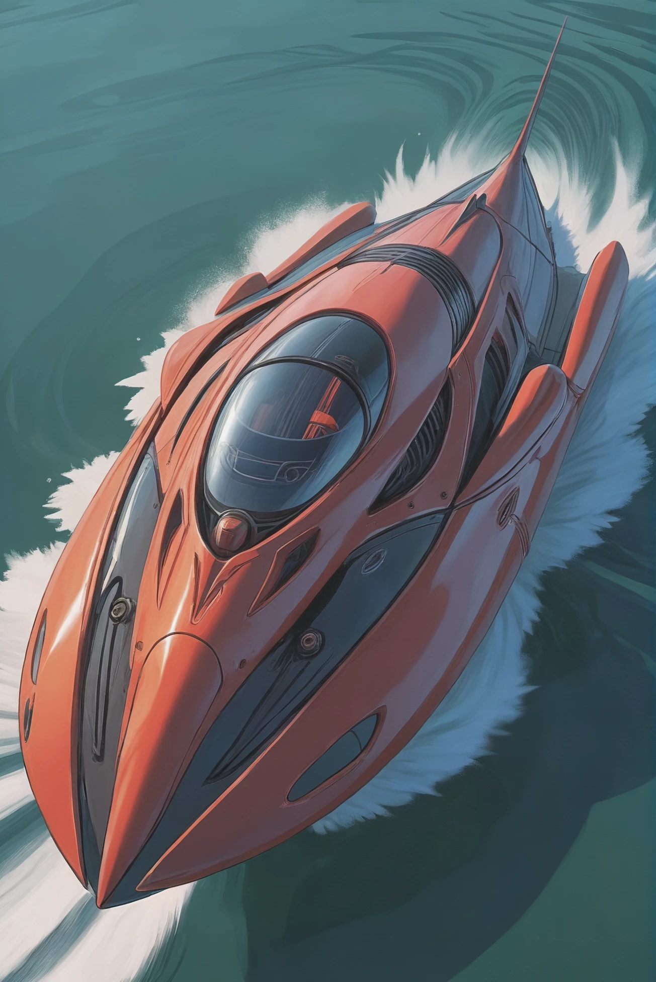 anime style, sharp outlines, A sleek, turbocharged, alien, speedboat <lora:EnvyStarlightAnime06:1>