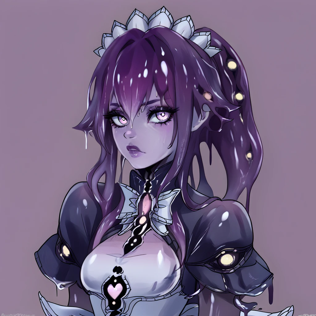 sh0ggoth, score_9, score_8_plus, score_7_plus, score_6_plus, source_anime, purple slime skin, sl1m3, 1girl, maid outfit, <lora:MGE_-_Shoggoth_-_Pony:1.3> <lora:sl1m3XLP:0.8> <lora:BLACK_MAGIC_2D_ANIME_ENHANCER:0.8> , gothic garden background