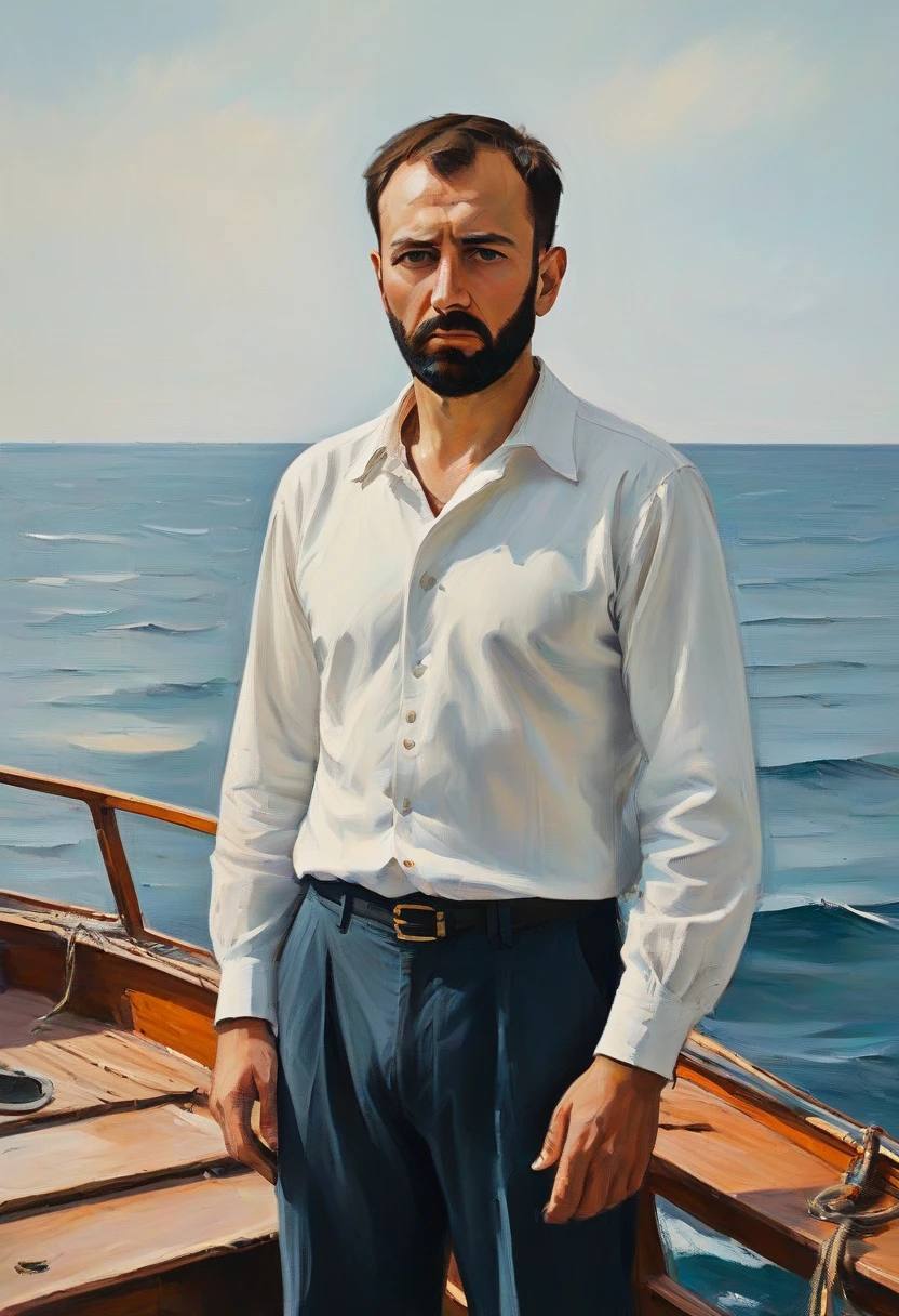 sailor, on board, standing, at sea, portrait <lora:tahir_salahov_style:0.8>