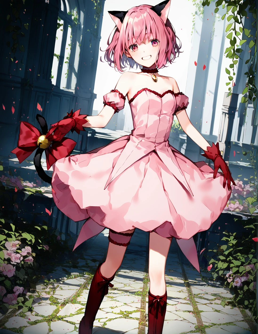 score_9, score_8_up, score_7_up, best quality, masterpiece, 4k, uncensored, prefect lighting, rating_explicit, very aesthetic, anime ,absurdres ,zPDXL, zPDXLpg,1girl, solo, <lora:sdxl-lyco-mew_ichigo-original-ponyDiffusionV6XL-v1:1>, mew_ichigo, tail bow, gloves, cat tail, red gloves, tail bell, choker, detached sleeves,pink dress, strapless, relaxed posture, elbows extended, standing, ,,smile, best quality, very aesthetic, ultra-detailed, intricate details, 4k,BREAK in a dungeon