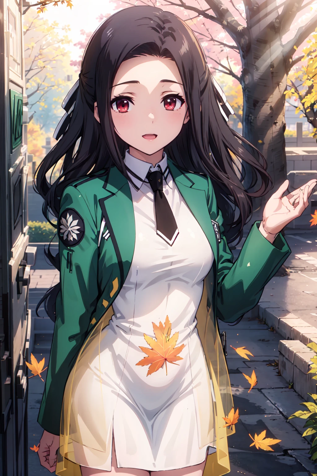 runashirakawa, 4k, absurd, high resolution, very high resolution, high definition, masterpiece, upper body, green jacket, short jacket, open jacket, black tie, white dress, collared dress, transparent, long dress,
Outdoor, school, trees, autumn leaves, sunny, rays of light, lens flare, depth of field, bokeh,
standing<lora:EMS-372498-EMS:0.900000>