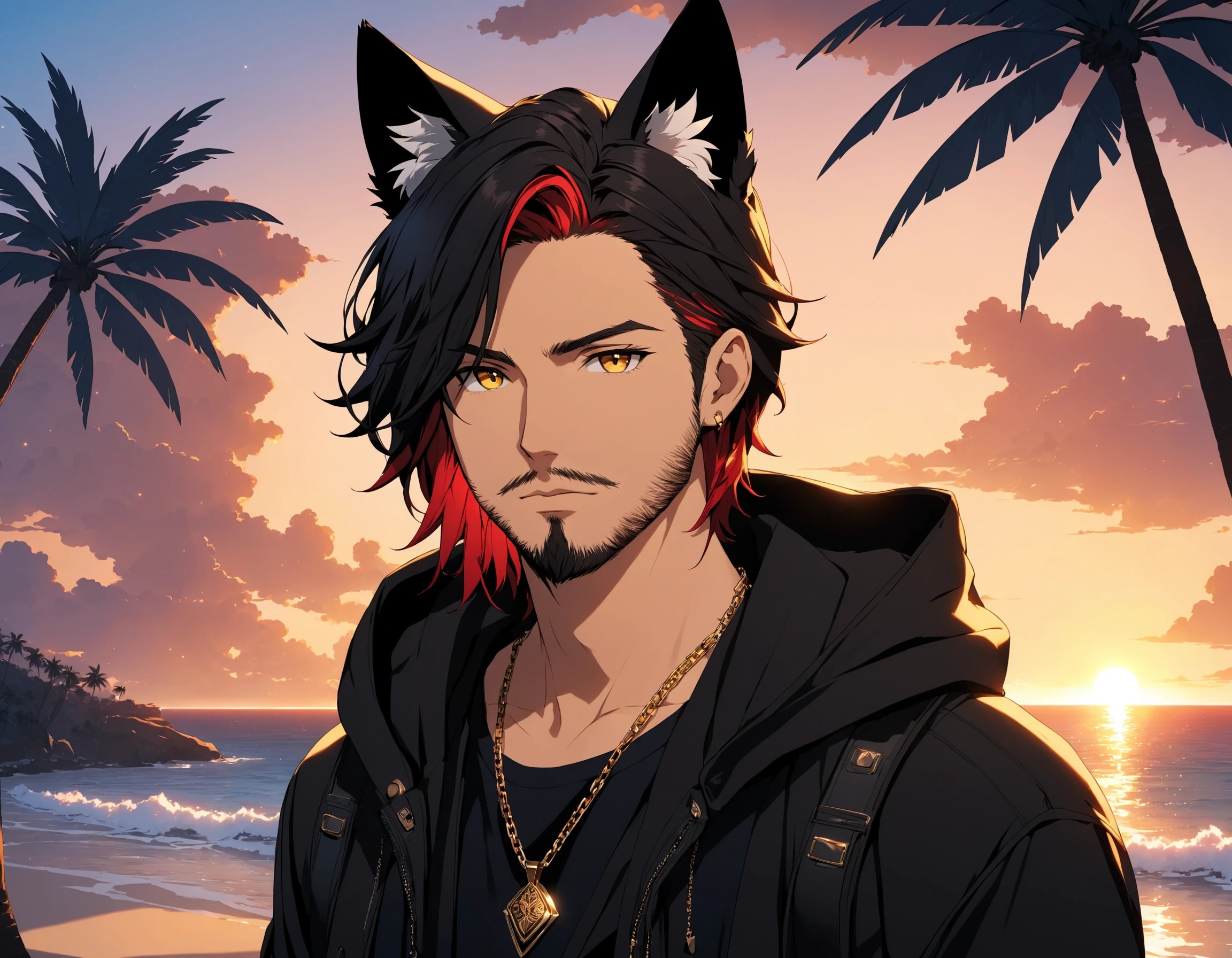 solo, long hair, looking at viewer, shirt, black hair, 1boy, animal ears, jewelry, collarbone, jacket, yellow eyes, upper body, male focus, red hair, outdoors, open clothes, sky, cloud, cat ears, hood, water, necklace, tree, black jacket, animal ear fluff, parted bangs, black shirt, facial hair, ocean, beach, hood down, hooded jacket, beard, pendant, sunset, palm tree, stubble, cinematic angle, cinematic lighting, masterpiece, official art,  LuT_BR_Neon