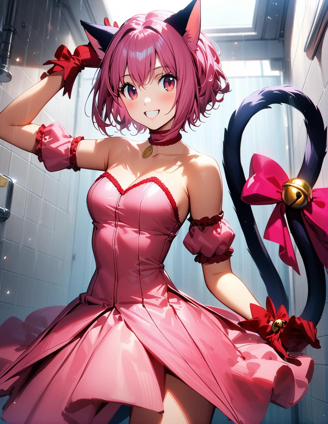 1girl, solo,<lora:sdxl-lyco-mew_ichigo-original-animagine_xl_3_1-v1:1>, mew_ichigo, tail bow, gloves, cat tail, red gloves, tail bell, choker, detached sleeves,pink dress, strapless, relaxed posture, elbows extended, standing, ,,smile, best quality, very aesthetic, ultra-detailed, intricate details, 4k,BREAK in a shower