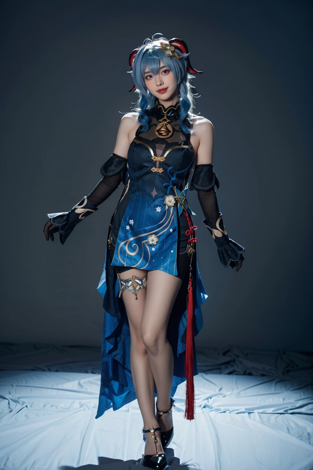 best quality,masterpiece,realistic,photorealistic,1girl,solo,looking at viewer,smile,standing,full body,ganyu cosplay costume,ganyu,genshin impact,cosplay,alternate costume,blue hair,long hair,horns,hair ornament,hair between eyes,dress,blue dress,china dress,sleeveless dress,bare shoulders,detached sleeves,gloves,elbow gloves,thigh strap,bell,high heels,simple grey background,<lora:Genshin_Ganyu_Lantern_Rite_cosplay_v1:0.7>,